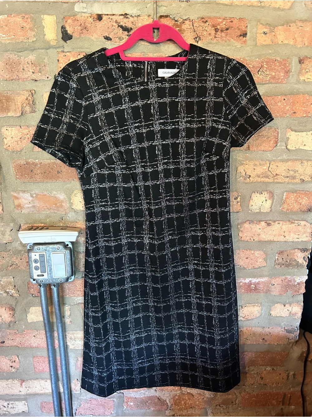 Calvin Klein Black Shift Dress with Light Gray Windowpane Pattern